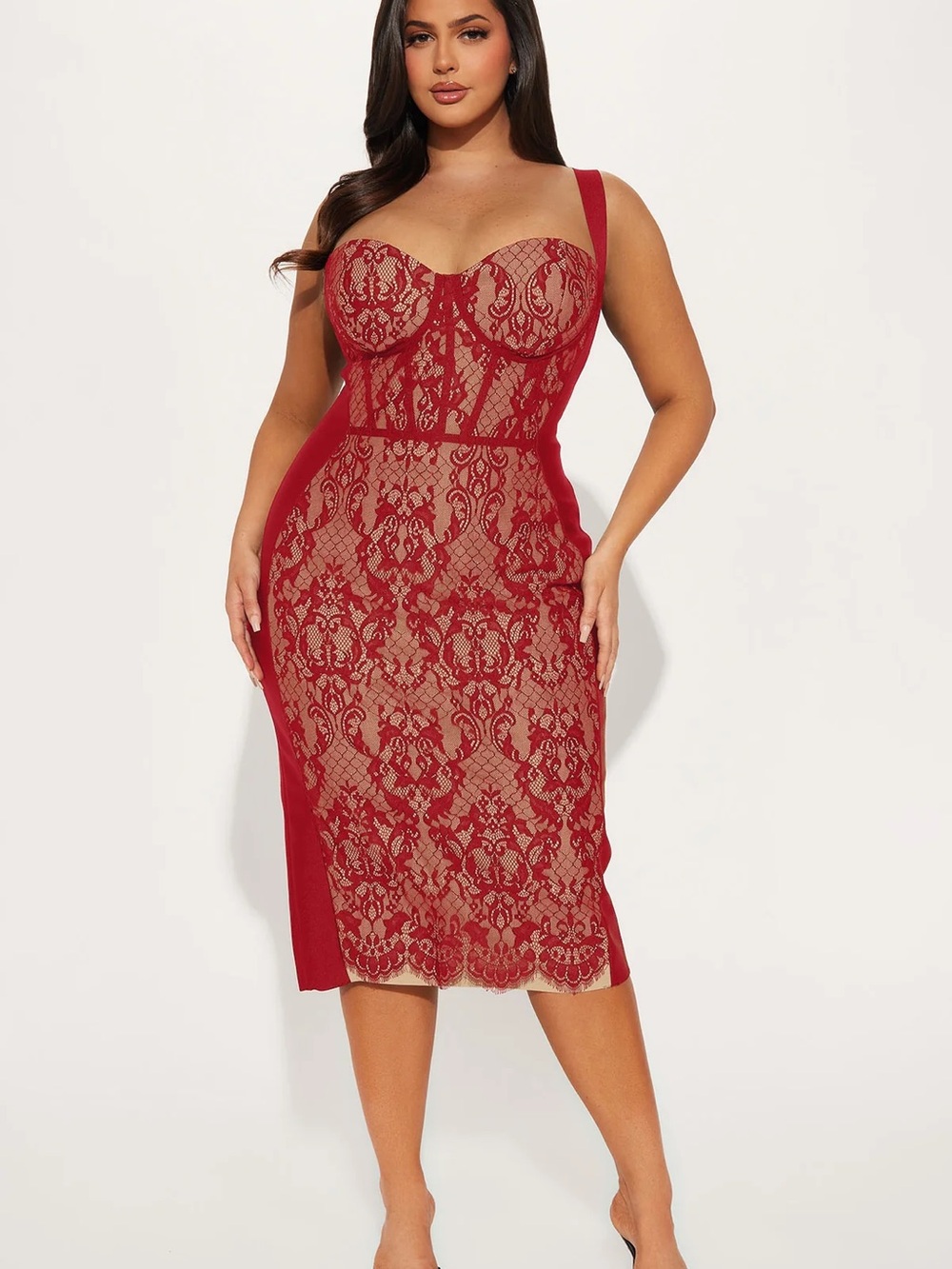 Fashion Nova Red Lace Corset Midi Dress